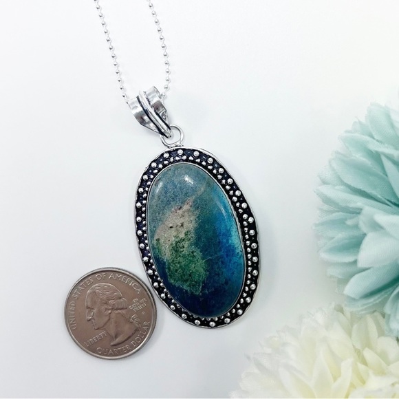 Large Chunky Shattuckite Pendant Necklace Sterling Silver 925 Oval Vintage New - Picture 3 of 6